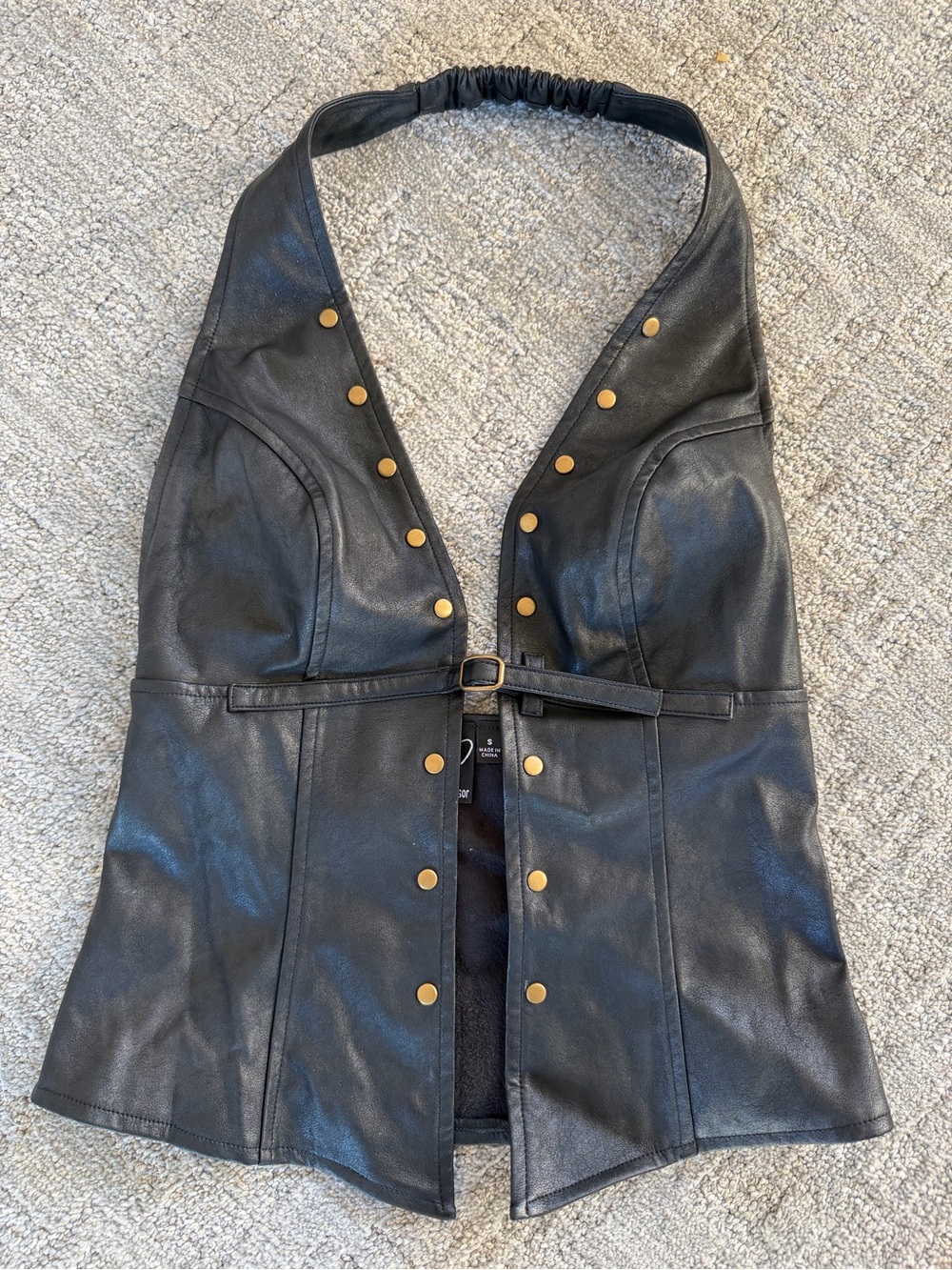 Windsor Black Faux Leather Halter Vest with Gold Studs